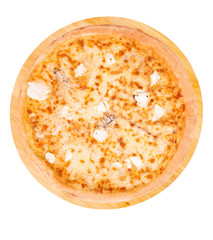.Pizza five cheeses on bamboo bottom, isolated, top view