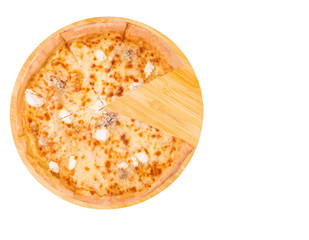 Five cheese pizza without a slice on bamboo bottom, isolate, top view, space for text