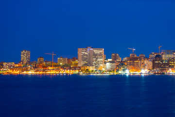 Halifax City skyline at night from Dartmouth waterfront, Nova Scotia NS, Canada. - obrazy, fototapety, plakaty
