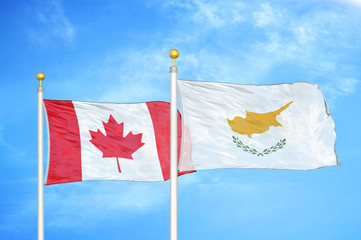 Canada and Cyprus two flags on flagpoles and blue cloudy sky