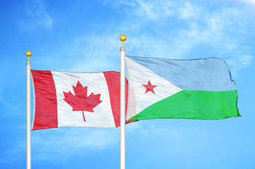 Canada and Djibouti two flags on flagpoles and blue cloudy sky