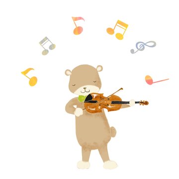 Cartoon animal playing music, teddy bear , violin, violinist