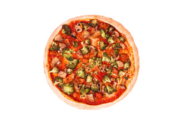 Pizza with veggie vegetables top view, isolate