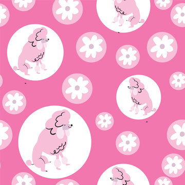 Dog Pattern Seamless. Pink Poodle on pink background with polka dots.