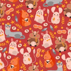 Ferret, squirrel, hare, hamster character seamless pattern, banner. Design wildlife, nature, rodent, flat vector illustration. Wrapping design paper, packaging for forest animal life item
