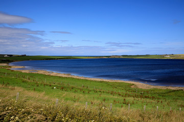 Fototapeta na wymiar Orkney (Scotland), UK - August 07, 2018: The country landscape in the middle of Orkney's island, Scotland, Highlands, United Kingdom