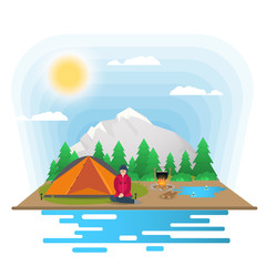 Sunny day landscape Background for summer camp nature tourism camping or Hiking web design concept girl sitting next to a tent and a tent flat vector illustration