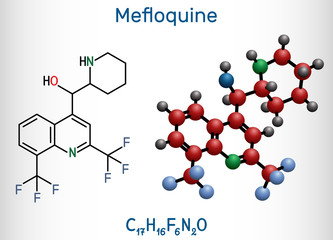 Mefloquine, C17H16F6N2O antimalarial drug molecule. It is medication used to treat malaria, coronavirus disease COVID-19. Structural chemical formula and molecule model