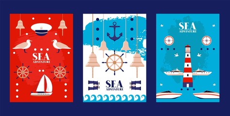 Sea adventure poster, peaked cap, seagull, lighthouse, binoculars, boat, yacht, sailboat, bell, flat vector illustration. Water surface ocean place water navigate design web banner
