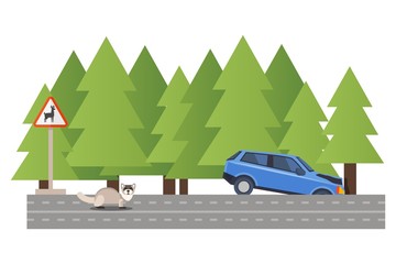 Car involved accident, vehicle crash forest road, fell ditch, machine accident due wild animal, isolated on white, flat vector illustartion. Warning sign Deer, woodland, pine dense forest.