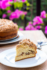 Coffee cake on the garden table for a snack