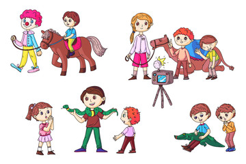 Little kids having fun with circus animals set