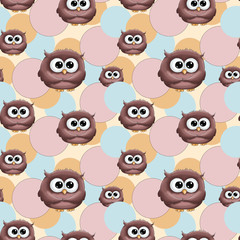 Illustration birthday holiday seamless pattern funny cartoon cute colorful brown owl isolated on beige pink blue polka dot circles background. Perfect for children birthday
