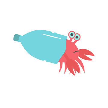 Crab lives in a plastic bottle. Vector illustration.