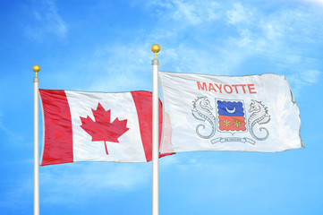 Canada and Mayotte two flags on flagpoles and blue cloudy sky