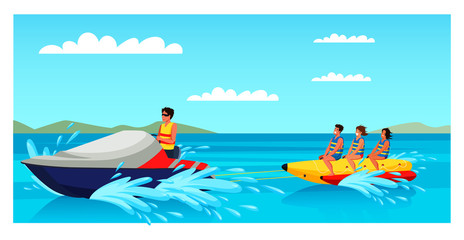 Obraz na płótnie Canvas Happy tourists riding banana boat on sunny day