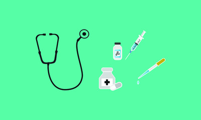 Medical materials, concepts of medical equipment. Flat design. Stethoscope, syringe, pills, pipette, medicine bottles.