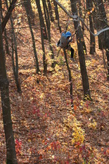Athletic and courageous, a young boy in a helmet and safe equipment spends his time on vacation, in the autumn park in the adventure park rope. Extreme sport. Active lifestyle concept