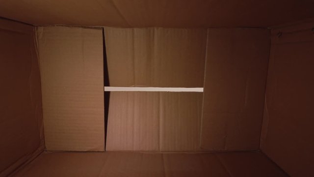 Closeup view 4k video footage of brown carton delivery box and two curious eyes of white kid looking inside of package. Home delivery concept.