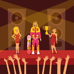 Awarding snowboarder character, woman give cup winner, raise hand celebration, extreme vacation, relaxing on mountain, board, winter clothing, jacket, flat vector illustration. Design website banner.