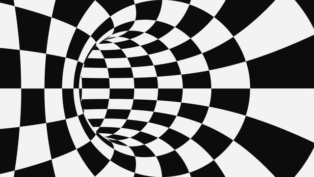 Black and white psychedelic optical illusion. Abstract hypnotic animated background. Checkered geometric looping wallpaper