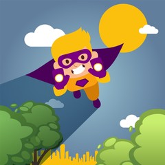 Character child fly, levitates and play in city park, child in mask, super cloak, costume, flat vector illustration. Kid dream superpowers, save the world. Male child fantasize, daydream.
