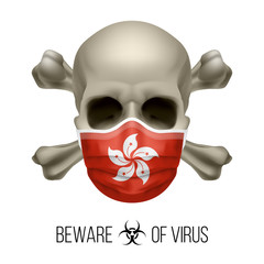 Human Skull with Crossbones and Surgical Mask in the Color of National Flag Hong Kong. Mask in Form of the Flag and Skull as Concept of Dire Warning that the Viral Disease Can be Fatal.