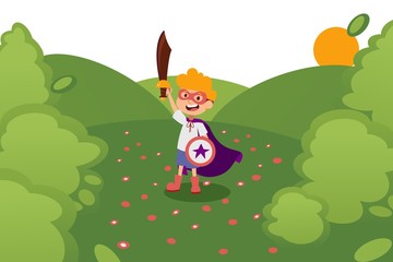Character child play in wood, knight child with sword, shield, cloak, mask in outdoor park, sun, field, flat vector illustration. Kid dream superpowers, save the world. Male child fantasize, daydream.