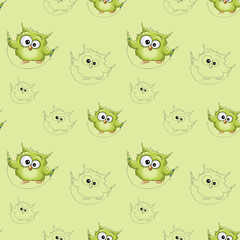 Illustration birthday holiday seamless pattern funny cartoon cute colorful green owl isolated on light green background. Children birthday holiday party