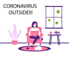 Work at home during an outbreak of the COVID-19 virus. People work at home to prevent a viral infection. Masked woman works on laptop at home sitting in armchair. Coronavirus quarantine concept.