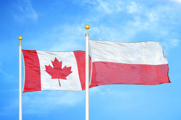 Canada and Poland two flags on flagpoles and blue cloudy sky