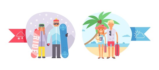 Fototapeta na wymiar Different world weather, cold, hot temperature, character couple people, snowboard, winter sport and tropical vacation, isolated on white, flat vector illustration. Human rest in sand shore, mountain.