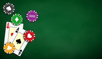 Poker table background in green color with aces and poker chips. Vector illustration.