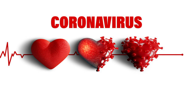 3D render - The course of heart disease after coronavirus infection. Covid-19 attacks the heart muscle causing its inflammation. This can lead to a heart attack. Copy space for text, white isolated ba