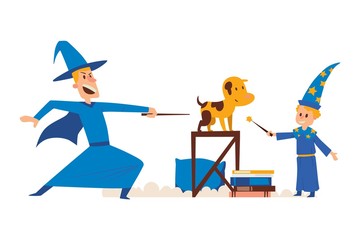 Wizard male character, magical student kid with magic wand, conjure dog, table, book, isolated on white, flat vector illustration. Real sorcery training, neophyte children, concept banner.