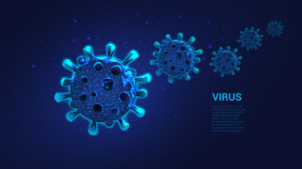 Concept of treatment and prevention of viral diseases .  Molecules of the virus from triangles and luminous points. Coronavirus. Background of beautiful dark blue night sky. Macro. Low poly.