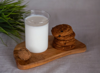 Glass of milk and oatmeal cookies on wooden Board. Healthy snack. Close up. Selective focus.