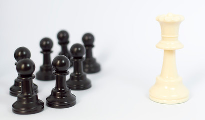 White queen and black pawn chess with white background