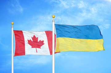 Canada and Ukraine two flags on flagpoles and blue cloudy sky