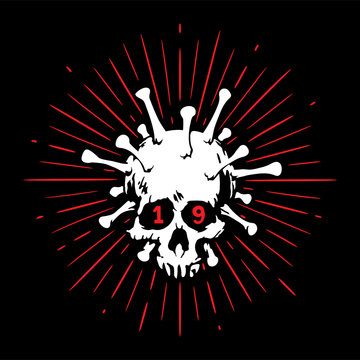 Illustration Coronavirus logotype. The image of a human skull is combined with a virus, as a symbol of mortal danger. For news, blogs, prints, banner, website, sticker, t-shirt.