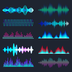 Colored sound waves collection. Analog and digital audio signal. Music equalizer. Interference voice recording. High frequency radio wave. Vector illustration.
