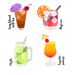 Alcoholic cocktail. Handwritten lettering and hand drawn glasses with different beverage