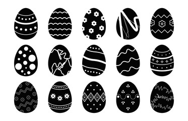 Easter egg icon set. Flat black eggs silhouette with abstract ornament pattern isolated on white background, decorative easter holiday design. Vector graphic illustration