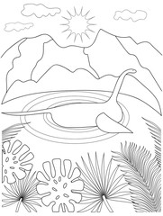prehistoric landscape with a dinosaur. Jura. floating Nessie. black and white outline drawing by hand. coloring book for children.