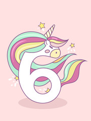 Number six in the form of a unicorn. Happy sixth year old,kids illustration.6 years anniversary