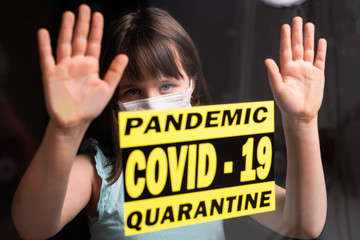 Stay at home. Sad lonely child in medical mask isolation in quarantine. Concept quarantine, prevention COVID-19, Coronavirus outbreak situation.