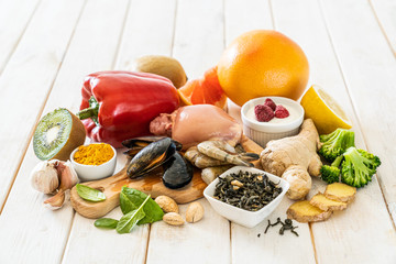 Selection of food to boost immune system - healthy, rich in vitamin and antioxidants, copy space