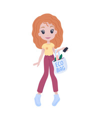 Girl is holding reusable eco bag with lettering quote. Cute female character. Caring for the environment. Shopping without waste. Isolated, flat design. Vector
