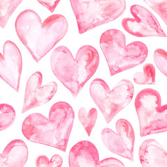 Watercolor hand painted love hearts pattern, illustrated in pink ink and isolated for wedding invitations or Valentine's day card