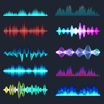 Colored sound waves collection. Analog and digital audio signal. Music equalizer. Interference voice recording. High frequency radio wave. Vector illustration.